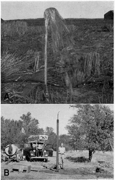 Black and white photos; top photo shows water shooting a few feet above a short stand pipe; lower photo shows thin stream of water from pipe standing at least 12 feet above the surface
