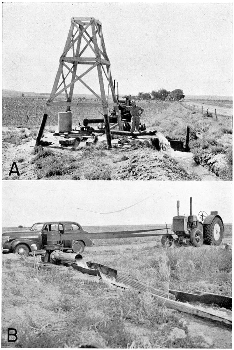 Black and white photos; top photo shows water being pumped into irrigation ditch, by diesel(?) pump; lower photo shows water flowing into open irrigation pipe, powered by tractor