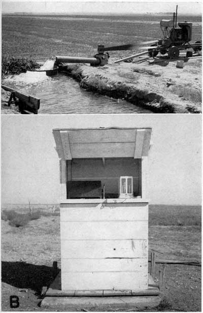 Black and white photos; top photo shows water being pumped into irrigation pond, by diesel pump; lower photo shows small white shed holding monitoring equipment