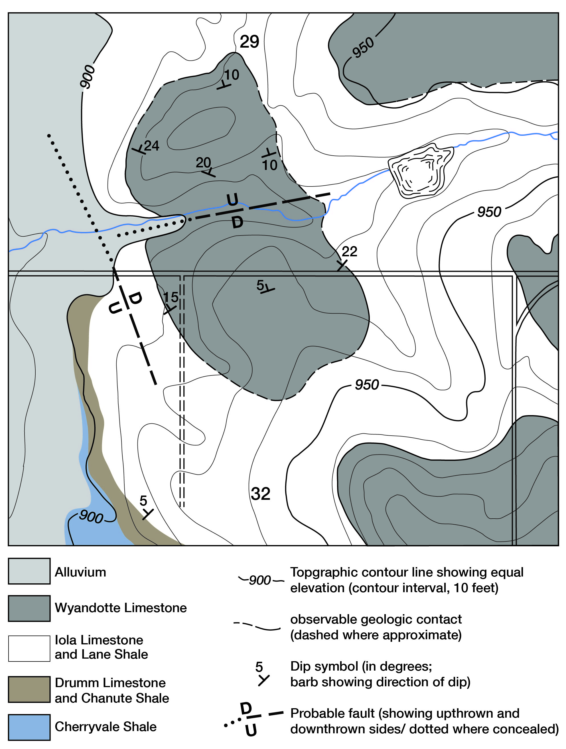 Geologic map of a structureally deformed area north of Somerset in secs. 29 and 32, T. 16 S., R. 24 E., Miami County, Kansas.