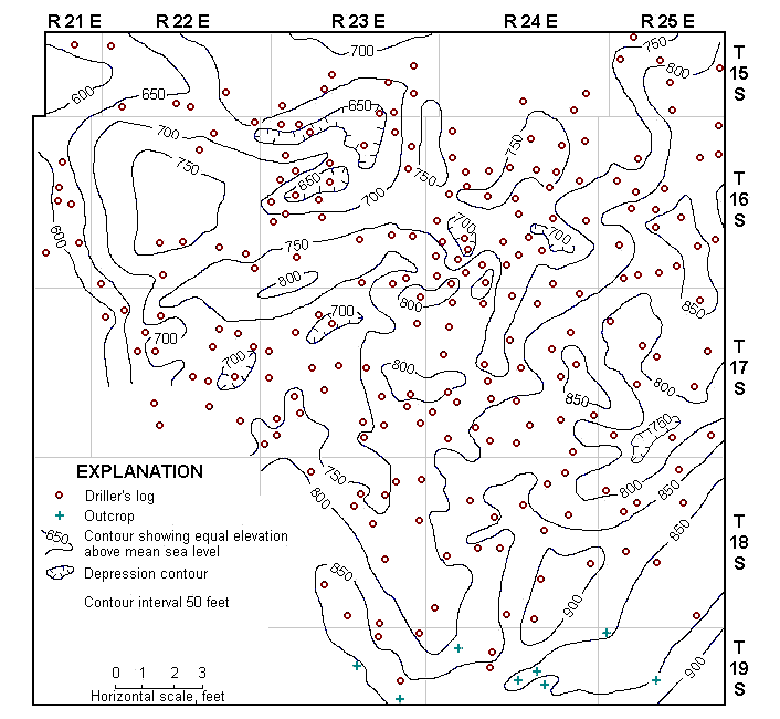 highest areas to southeast (900 ft above sea level), lowest in northwest (650 ft)