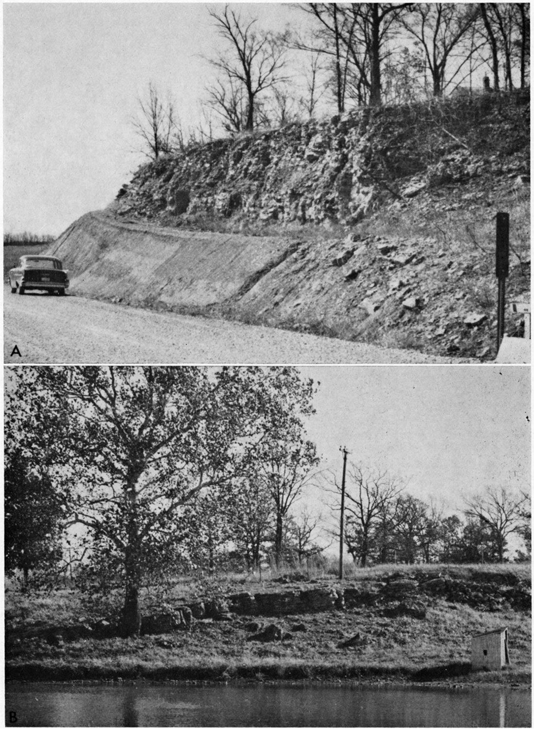 Top photo: Wyandotte Limestone overlying Lane Shale; bottom photo: limestone bed in lower part of Wyandotte Limestone