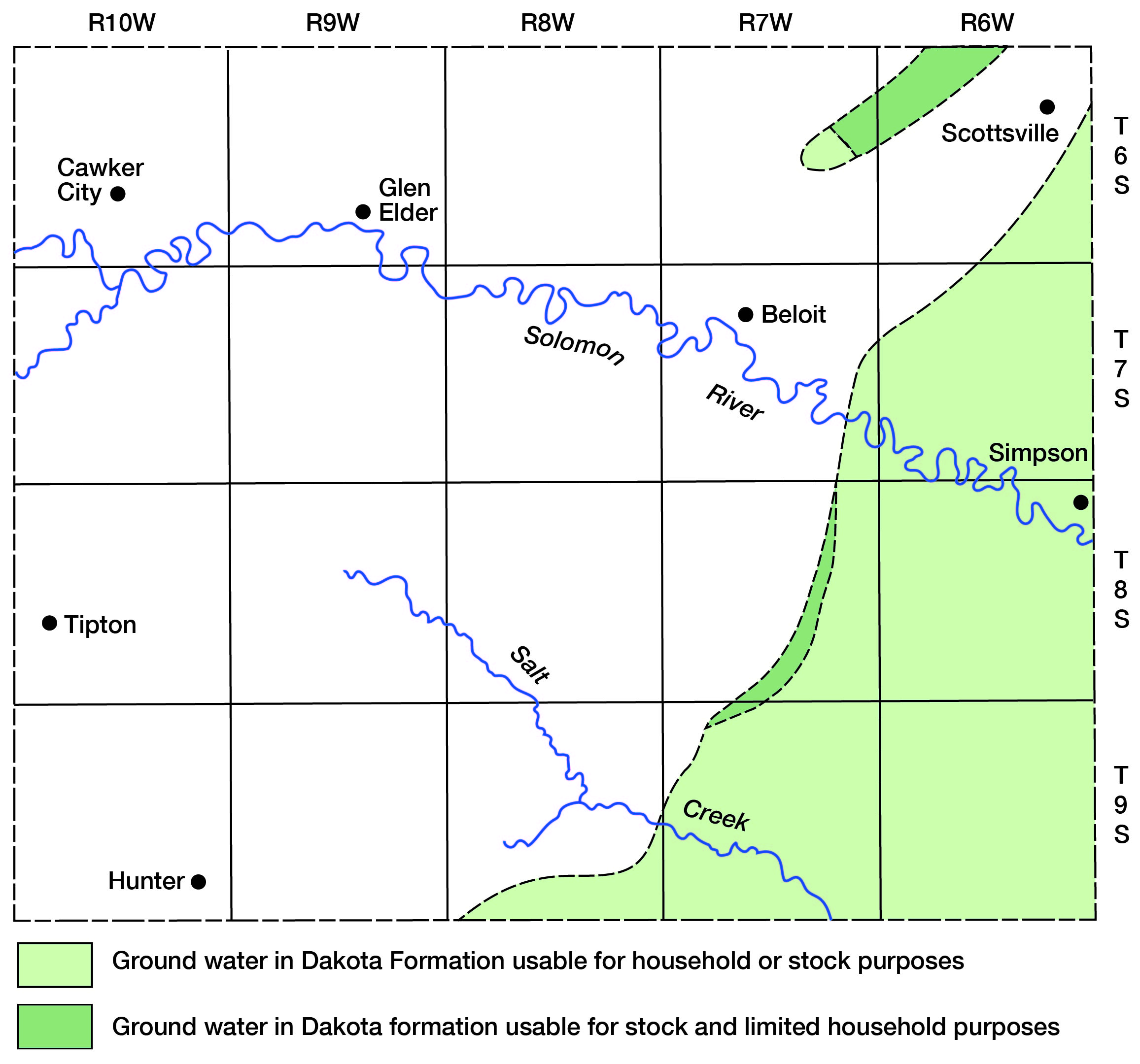 Water from Dakota Fm is too mineralized in all but eastern and southeastern parts of county.