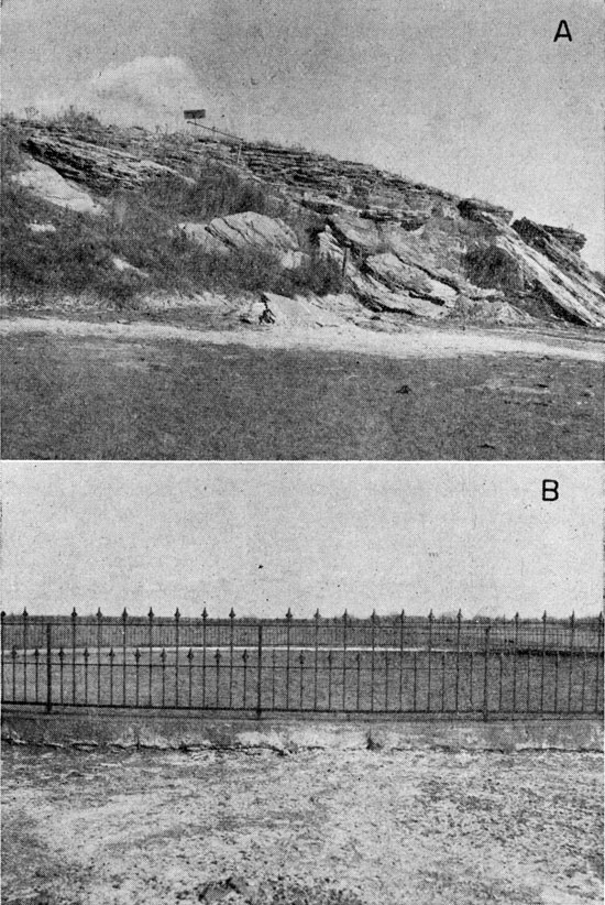 Two black and white photos of Great Spirit Spring; top photo is of travertine outcrop below spring; bottom photo is of fenced pond containing spring.