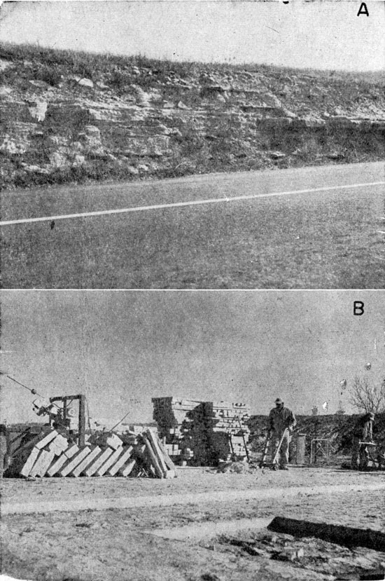 Two black and white photos; top is of roadcut showing Greenhone Ls; bottom is of yard in quarry with blocks of Fencepost Ls stacked up.