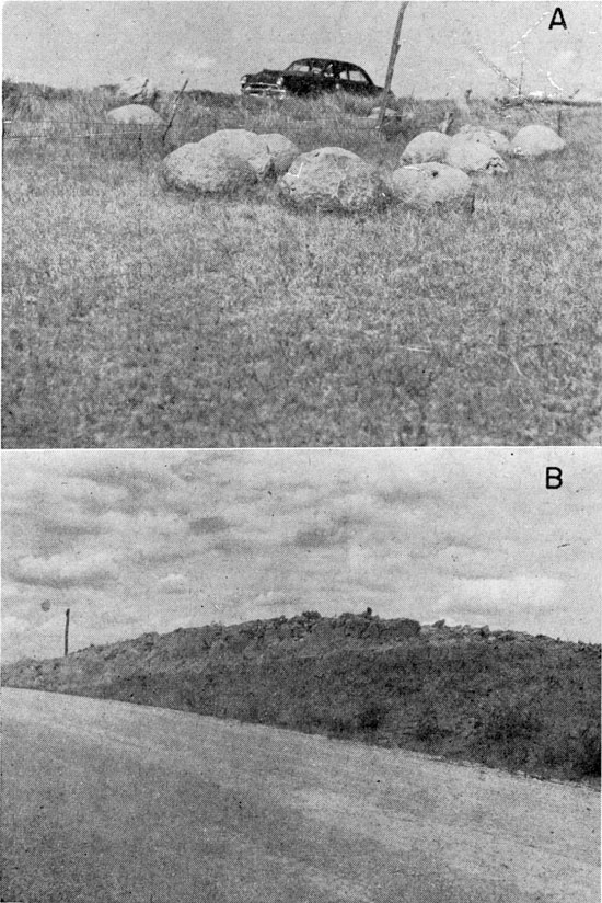 Two black and white photos; top is of large boulders lying on grassy slope, car in background for scale; bottom shows roadcut with darker Carlile Sh underlying dark Fort Hays Ls.