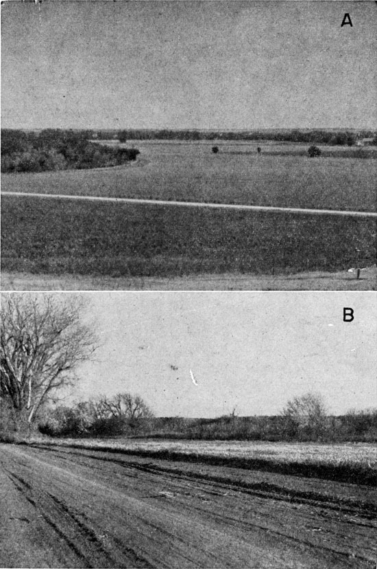 Two black and white photos; top is broad view of very flat Kirwin Terrace, looks to be cultivated, gravel road crosses middle of picture; bottom shows dirt road through meadow, bare trees in background.