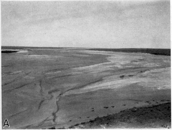 Black and white photo of river bed, very little grass or other cover.