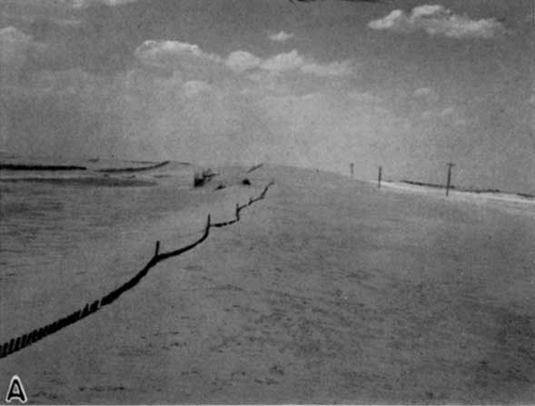 Black and white photo of sand dunes moving over snow fences.