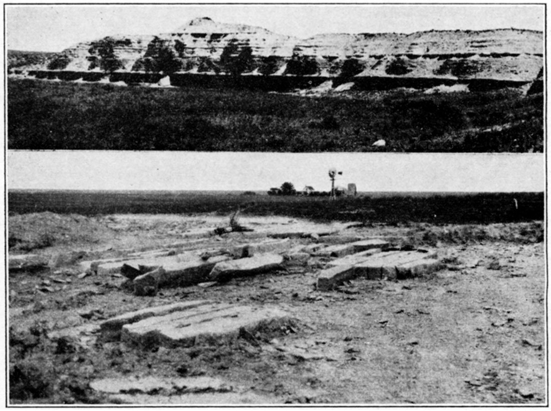 Two black and white photos of lower Fairport chalky shale and Fencepost limestone quarry.