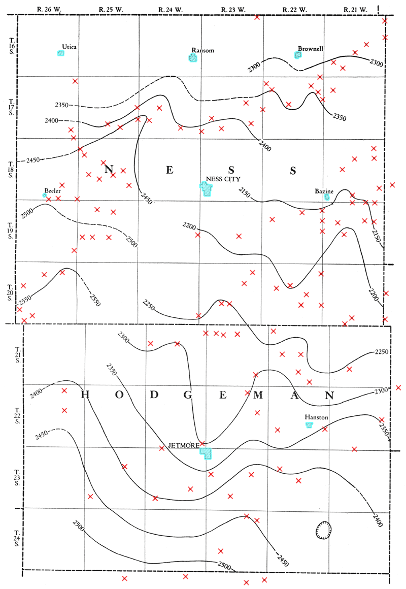 Beeler anticline west of Ness City; Bazine anticline is on east side of counties