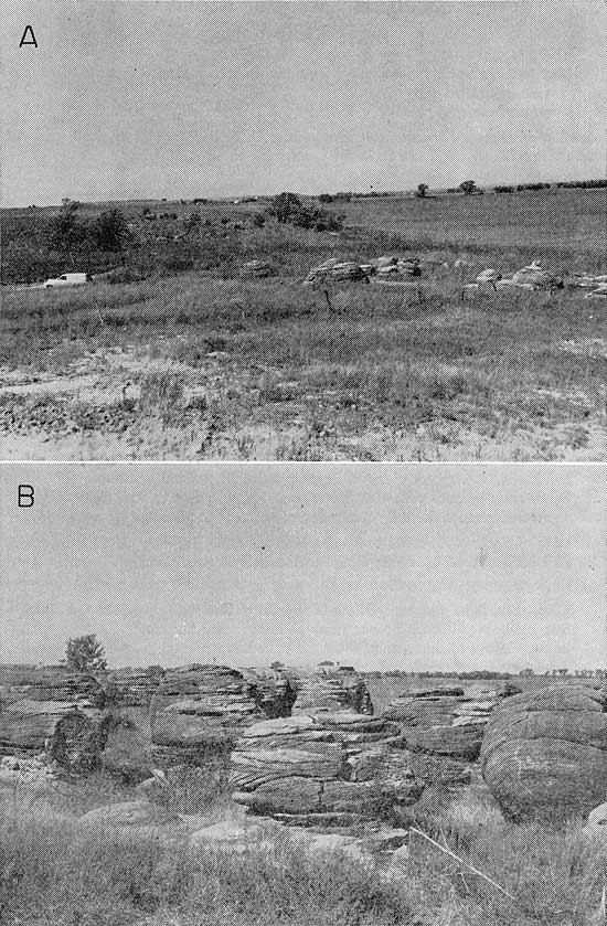 Two black and white photos of sandstone concretions in grasslands, few trees; concretions are large almost spherical boulders of sandstone eroded out of surrounding.