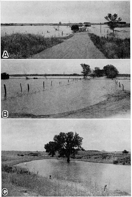 Three black and white photos; top two are water-filled depressions north of Trousdale; bottom is intermittent stream about 1 mile NW of Ray.