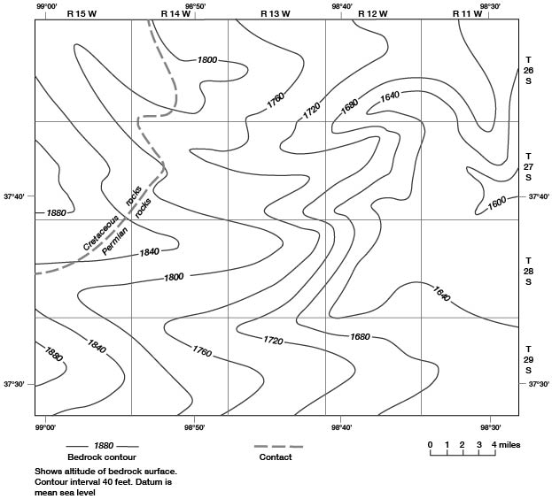 Bedrock as high as 1880 in far west, down to 1600 in east; Cretaceous-Permian contact in northwest.