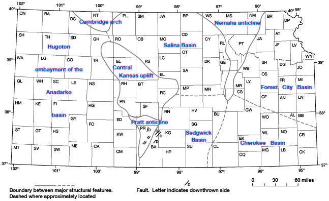 Pratt anticline at south end of Central Kansas uplift.