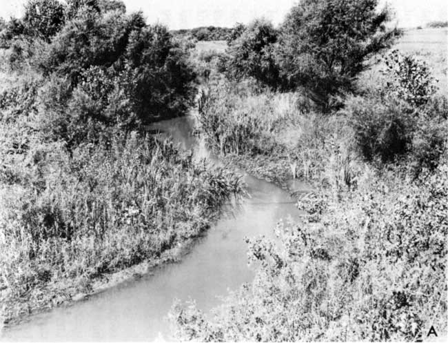 Three black and white photos of the increasing size of the river from west to east through the county.