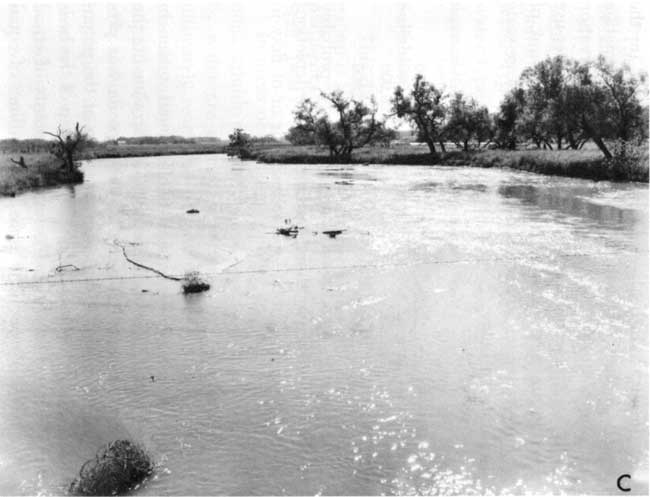 Three black and white photos of the increasing size of the river from west to east through the county.