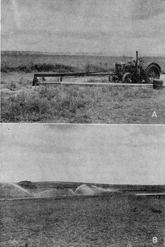 Top photo is a tractor-driven pump; bottom photo shows irrigation underway.