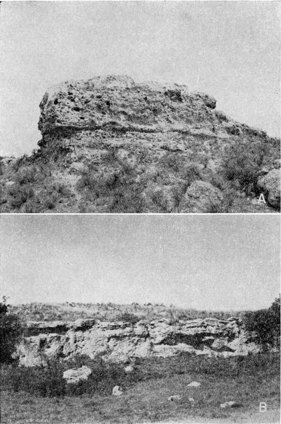 Two black and white photos of erosion-resistant material forming knobby outcrops.