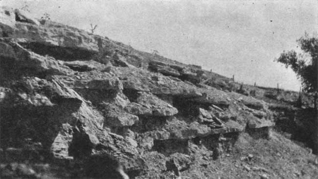 Black and white photo of outcrop with erodable beds in between more resistant beds.