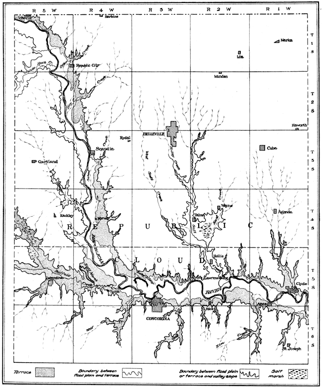 River runs mostly east-west in northern Cloud Co., with terraces mostly in south side; west of Concordia river turns almost due north and is less meandering.