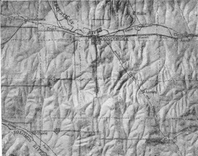 Black and white image showing topography in Cloud County.