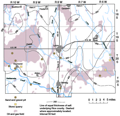 Oil and gas fields in many parts of the county; sand and gravel pits in southern half; stone quarries in T. 20 S., R. 6 W.