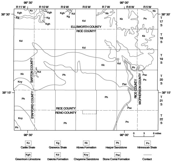 Ninnescah covers most of southern third; Dakota in in northern quarter; Kiowa stretches in and east-west band across state; other units have smaller extents.