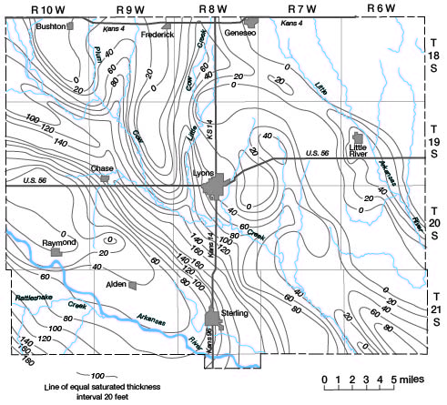 Thickness is 100-140 in channel from south-central to northwest corner; thickness is 0 around Raymond and in far northeast corner.