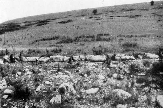 Broken limestone bed at base of long grassy hill.