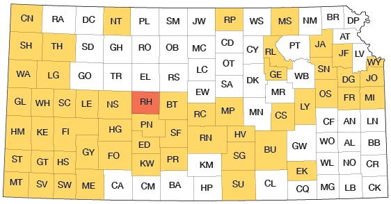 Index map of Kansas showing Rush County and other bulletins online