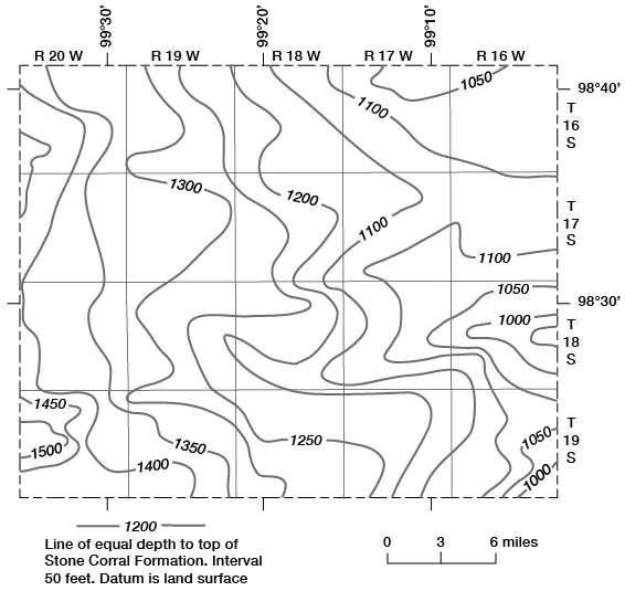 Stone Corral is as shallow as 100 feet deep in east-central Rush; as deep as 1500 in far SW.
