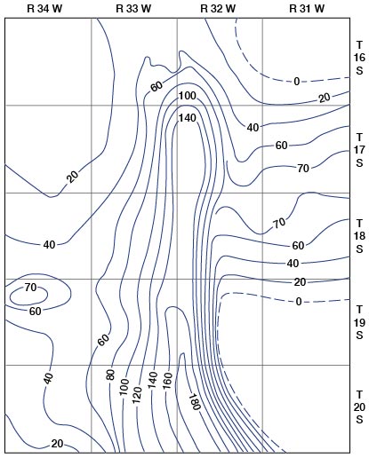 Thickness greatest in center of county--180 feet in south and 140 in center; falls off to east and west.