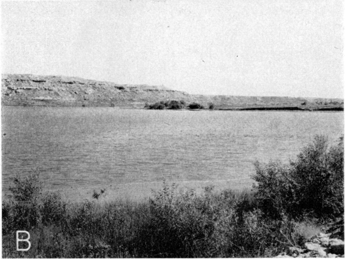 Black and white photo of lake; Ogallala formation in hills across lake; small bushes in foreground.
