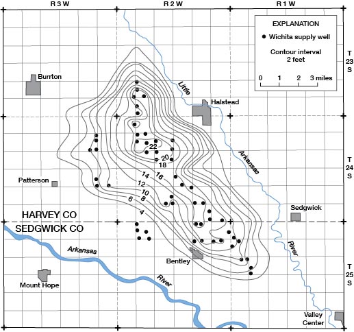 Map of Wichita well-field area, showing lines of equal change in water level from August 30, 1940, to January 1, 1960.
