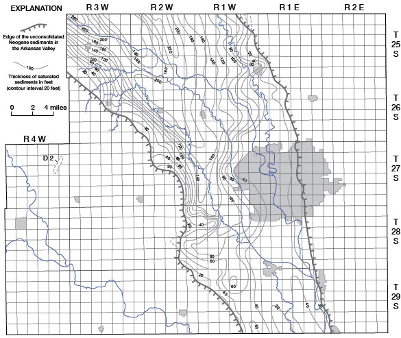 Map of Sedgwick County, Kansas, showing the saturated thickness of the unconsolidated Neogene sediments in the Arkansas Valley.