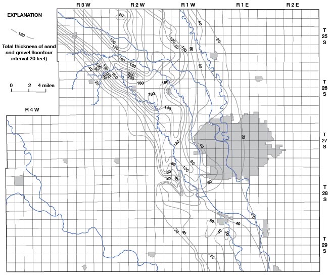 Map of Sedgwick County, Kansas, showing the total thickness of sand and gravel in the unconsolidated Neogene sediments in the Arkansas Valley.