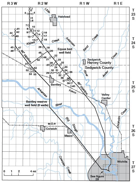 Map showing location of Wichita Equus-beds and Bentley reserve well fields.