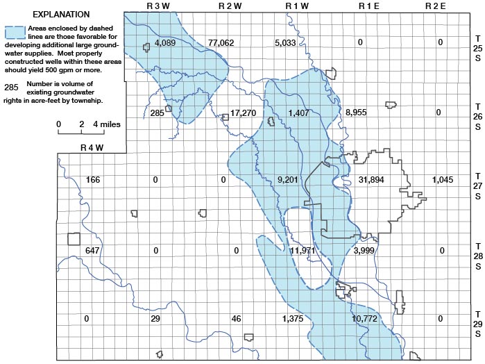 Outline map of Sedgwick County showing volume of existing (1960) ground-water rights in acre feet.