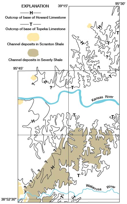 Black and white map showing Kansas and Wakarusa rivers, limestone outcrops, and channel deposits.