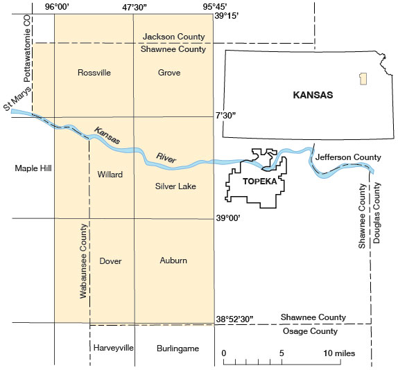 Index map of Kansas showing location of eastern Shawnee County and map of county with eastern half shaded; also shows location of Topeka and Kansas River
