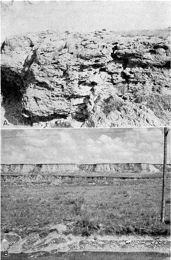 Two black and white photos; top is closeup of mortar bed; bottom is photo of flat-topped mesas in grasslands.