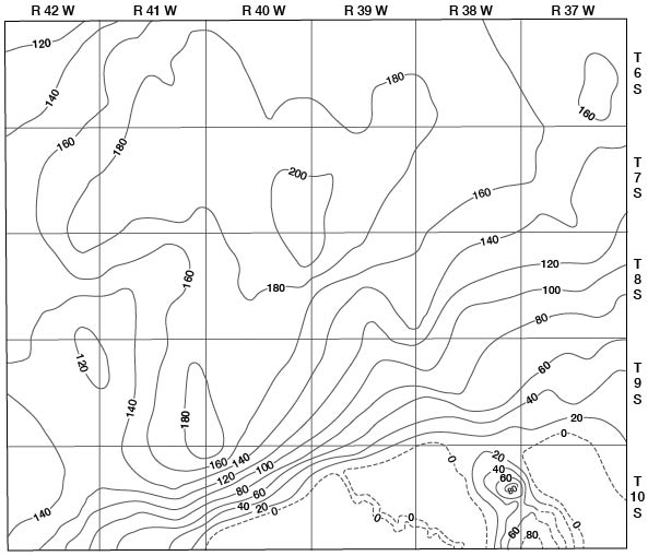 Thickness is 0 along much of southern boundary, rises to 200 feet in north-central, drops slightly to east and west of the high.