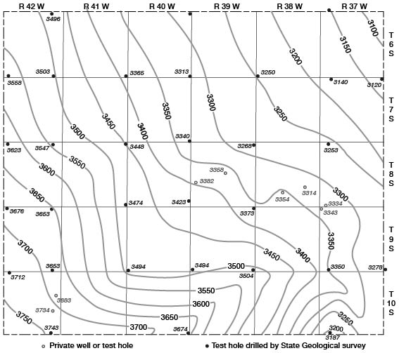 Contour map; elevation of 3100 in NE to 3750 in SW.