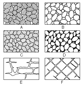6 schematics showing interstices or voids in rocks