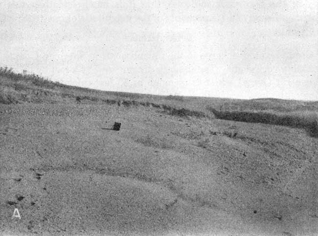 Sand and gravel outcrop in shallow slope; grasses at top of slope.