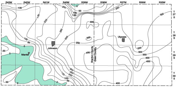 No saturated tickness in much of SW quadrant of Stanton County; thickest is 450 in south-central Grant.