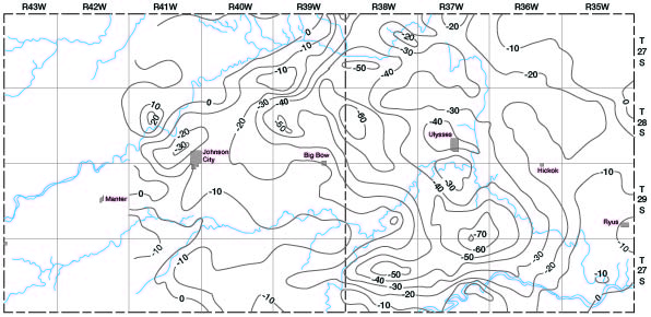 Declines of 50-70 feet in Grant County south of Ulysses; area of 30 foot drop near 20 foot rise northwest of Johnson in Stanton County.