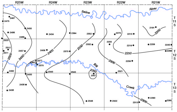 Elevation of 2500 in west to 2200 in east.