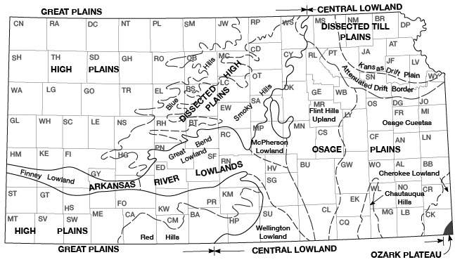 Trego County mostly in High Plains region; SE corner in Dissected High Plains.